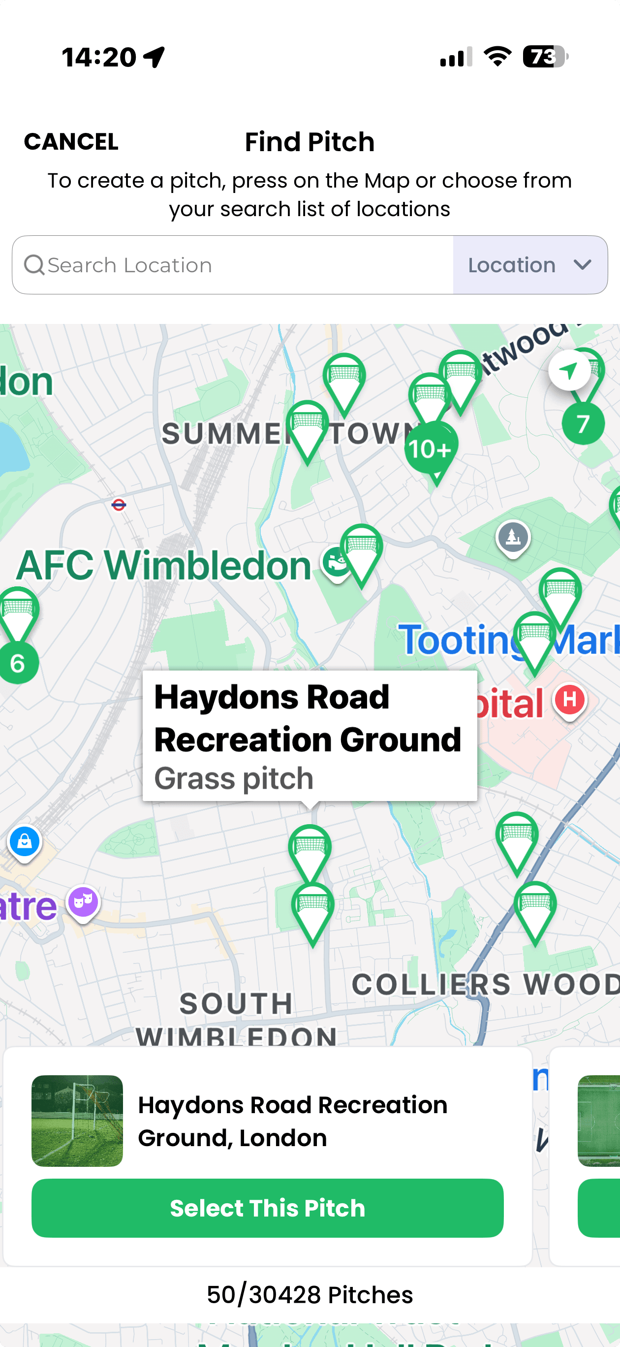 WOOOBA Find Pitch map screen for soccer