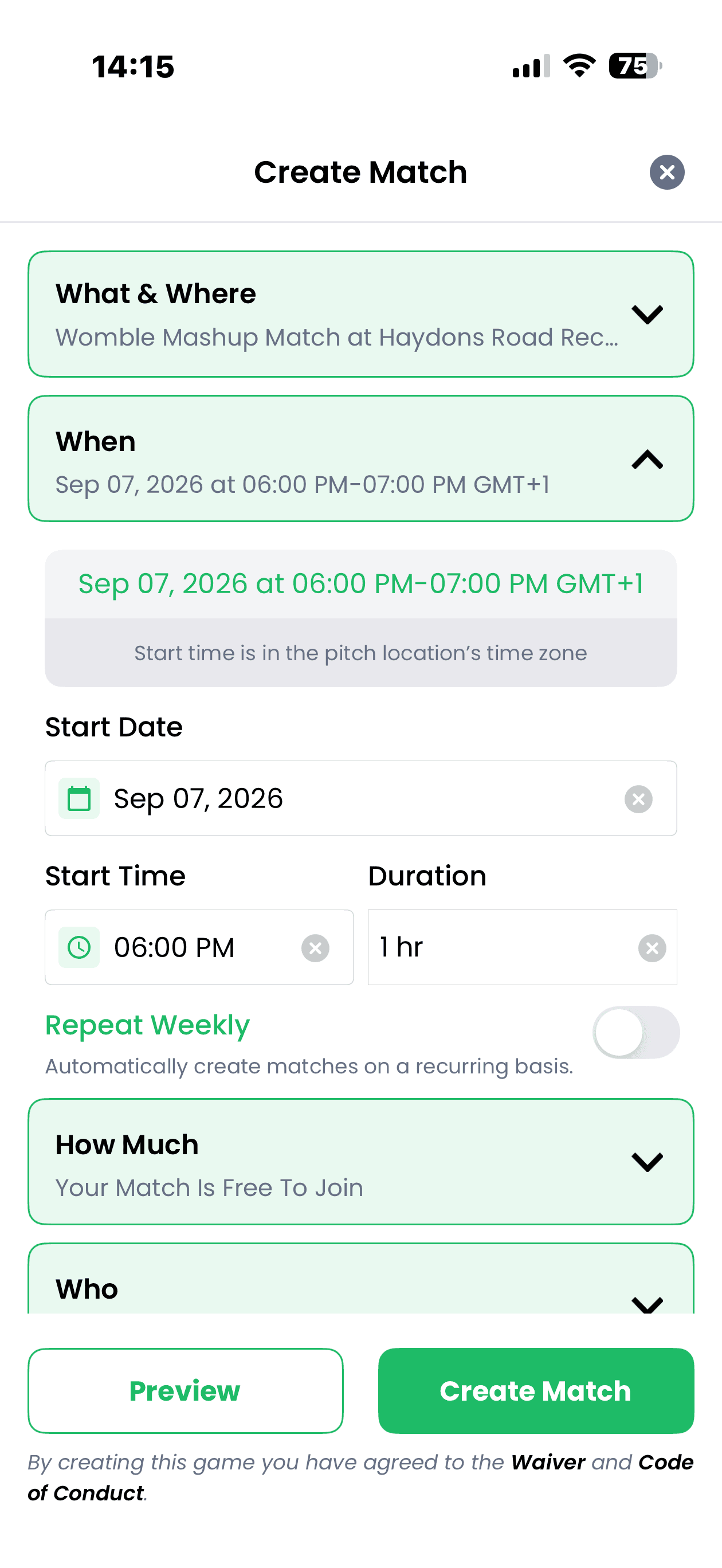 WOOOBA Create Match screen for soccer
