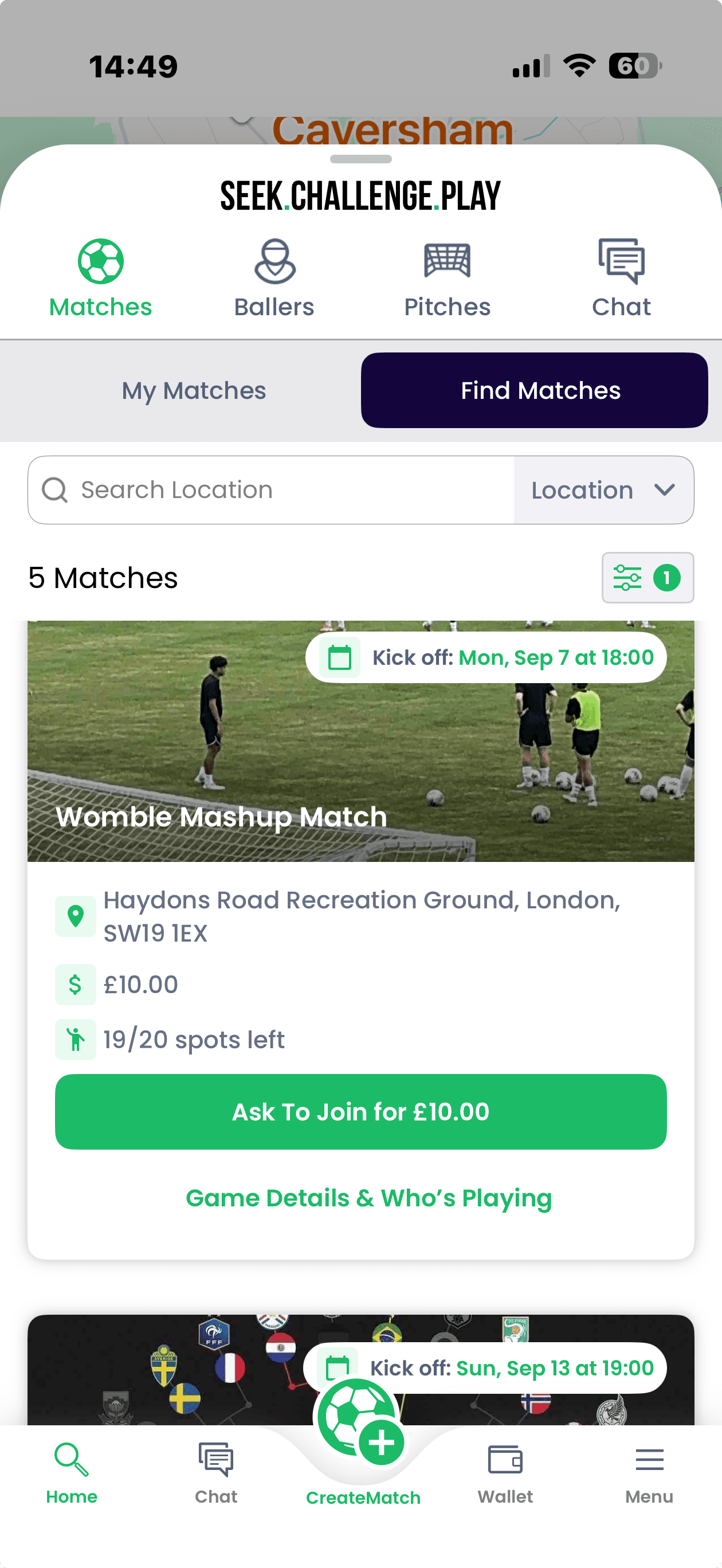 WOOOBA Join Match screen for soccer
