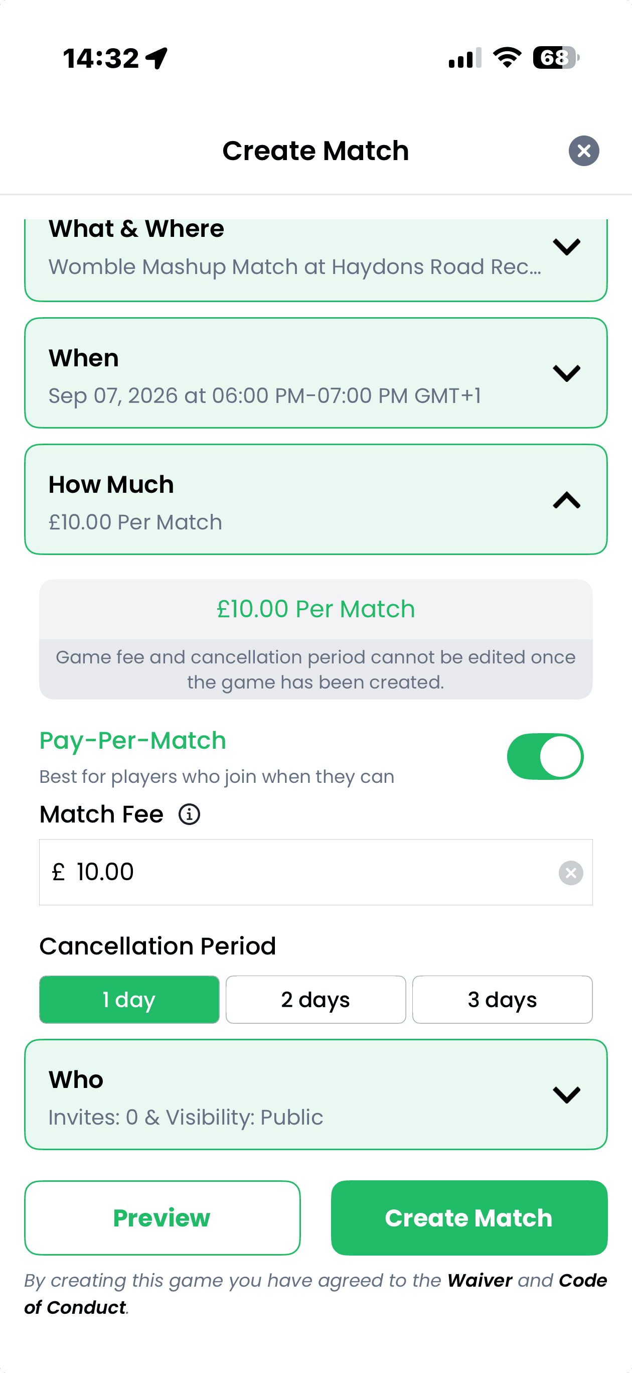 WOOOBA Pay-Per-Match screen for soccer