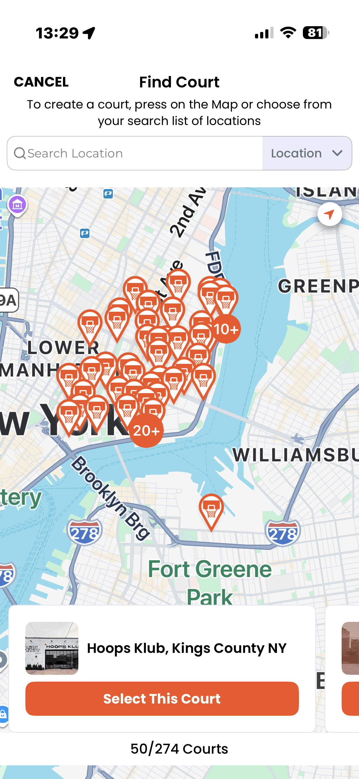 WOOOBA Find Court map screen